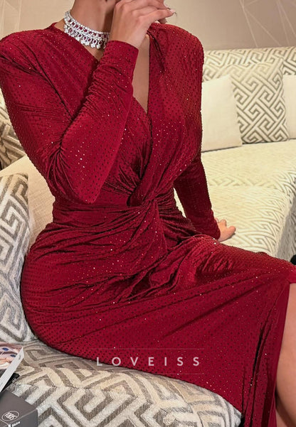V-Neck Long Sleeves Sparkly Ruched Sheath Evening Dress