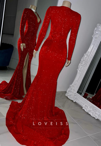 V-Neck Long Sleeves Sparkly Sheath Prom Dress for Black Girls