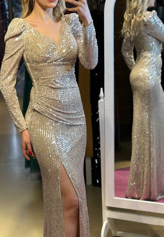V-Neck Long Sleeves Sparkly Side Slit Mermaid Evening Dress