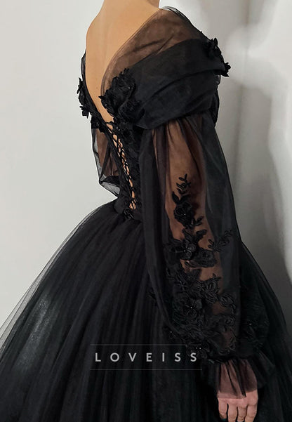 V-Neck Long Sleeves Tulle Appliques Ball Gwon Black Wedding Dress
