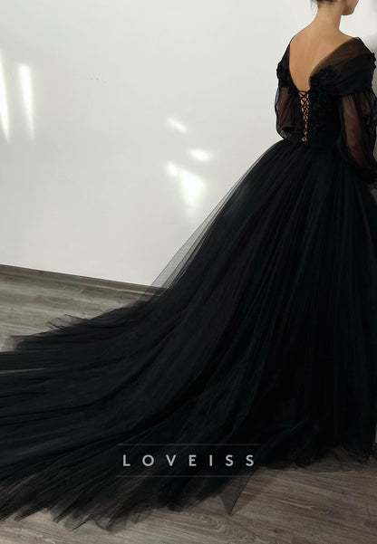 V-Neck Long Sleeves Tulle Appliques Ball Gwon Black Wedding Dress