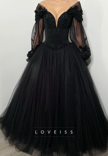 V-Neck Long Sleeves Tulle Appliques Ball Gwon Black Wedding Dress