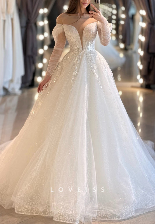 V-Neck Long Sleeves Tulle Sequins Appliques A-Line Wedding Dress