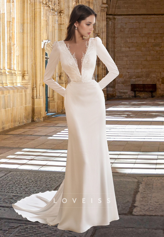 V-Neck Long Sleevs Appliques Sleek Mermaid Wedding Dress