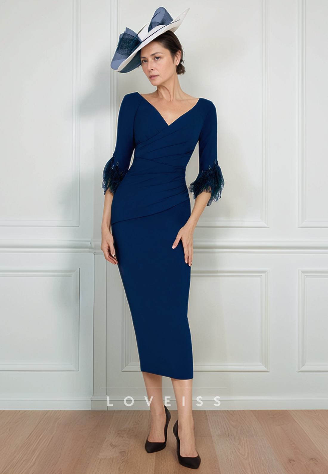 V-Neck Long Sleevs Pleated Mermaid Mother of Bride Dress