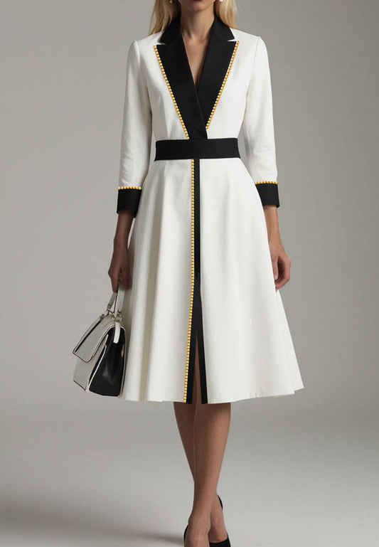 V-Neck Long Sleevs White A-Line Knee-Length Work Dress