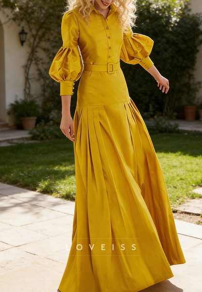 V-Neck Mother of Bride Dress Long  Sleeves Belt A-Line Evening Dress