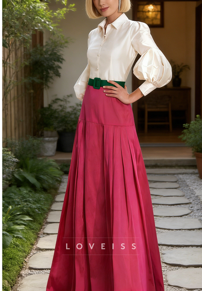 V-Neck Mother of Bride Dress Long  Sleeves Belt A-Line Evening Dress