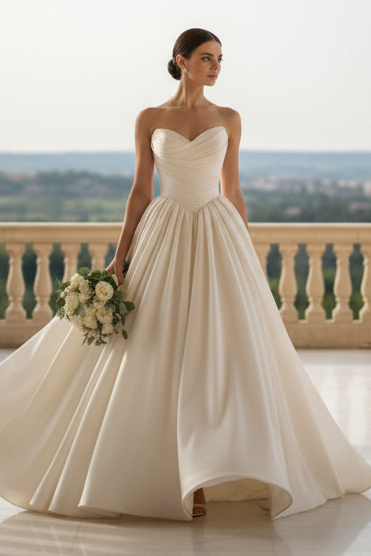 V-Neck Pleated A-Line Satin Wedding Dress