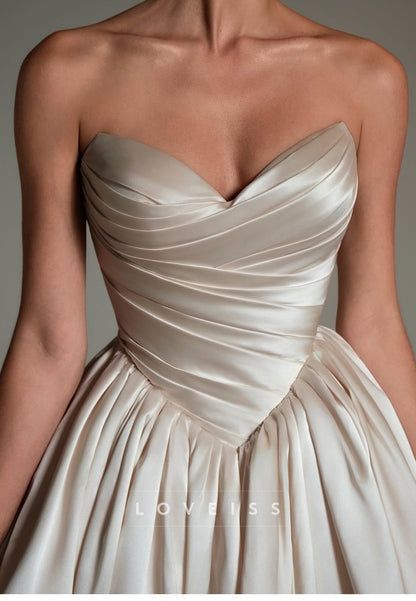 V-Neck Pleated A-Line Satin Wedding Dress