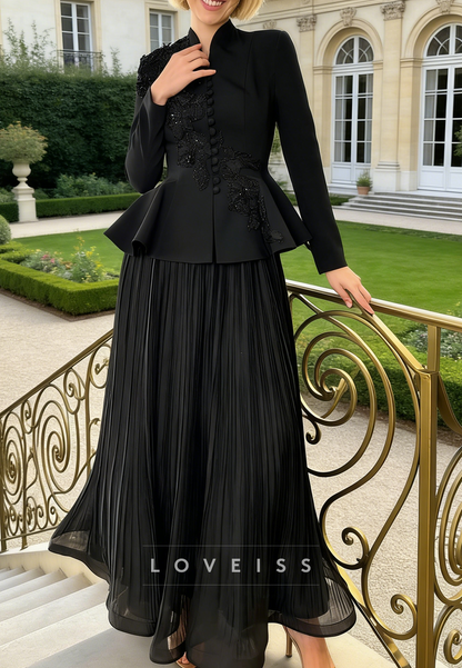 V-Neck Pleated Appliques Long Sleeves Evening Dress