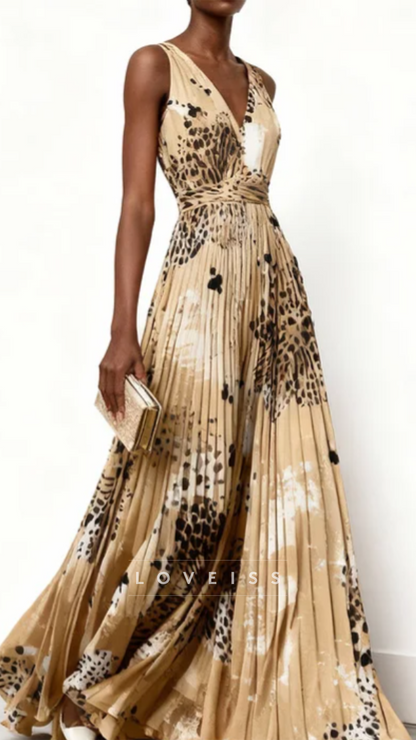 V-Neck Pleated Floral Printed A-Line Wedding Guest Dress