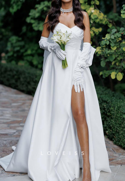 V-Neck Pleated Side Slit A-Line Simple Wedding Dress