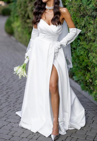V-Neck Pleated Side Slit A-Line Simple Wedding Dress