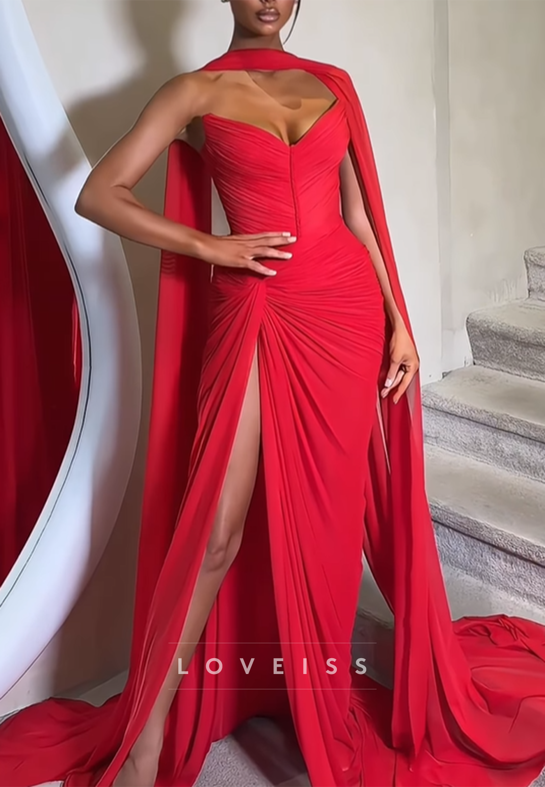 V-Neck Pleated Side Slit Sheath Prom Dress with Shawl