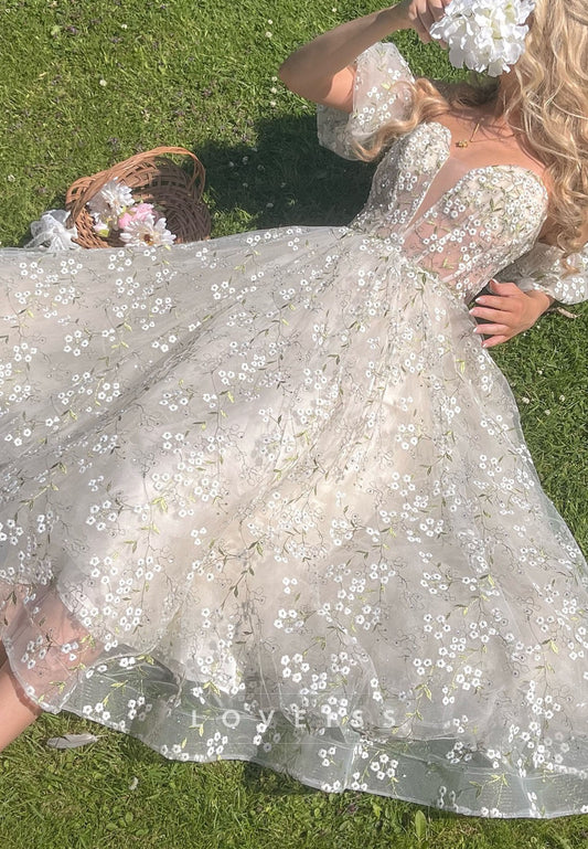 V-Neck Puff Sleeves Floral Appliques A-Line Prom Dress