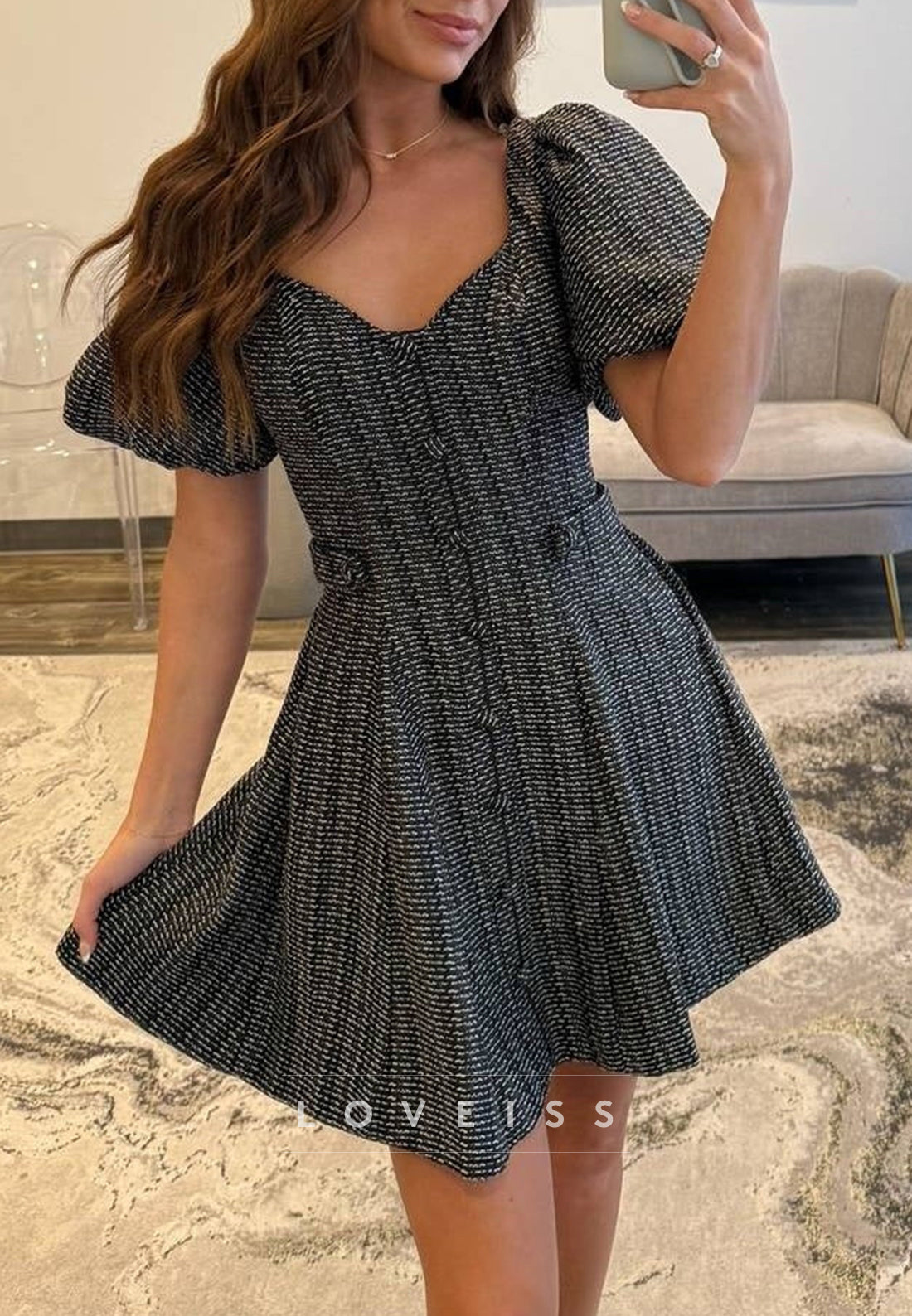 V-Neck Puff Sleeves Pleated A-Line Party Homecoming Dress