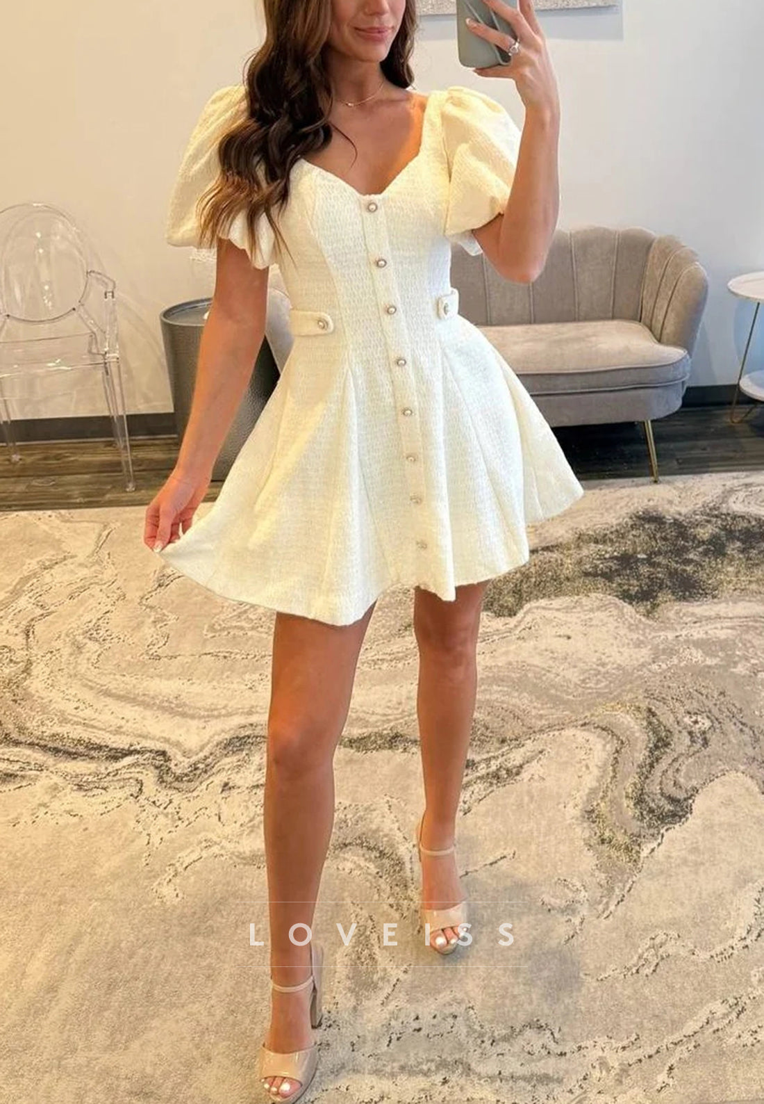 V-Neck Puff Sleeves Pleated A-Line Party Homecoming Dress