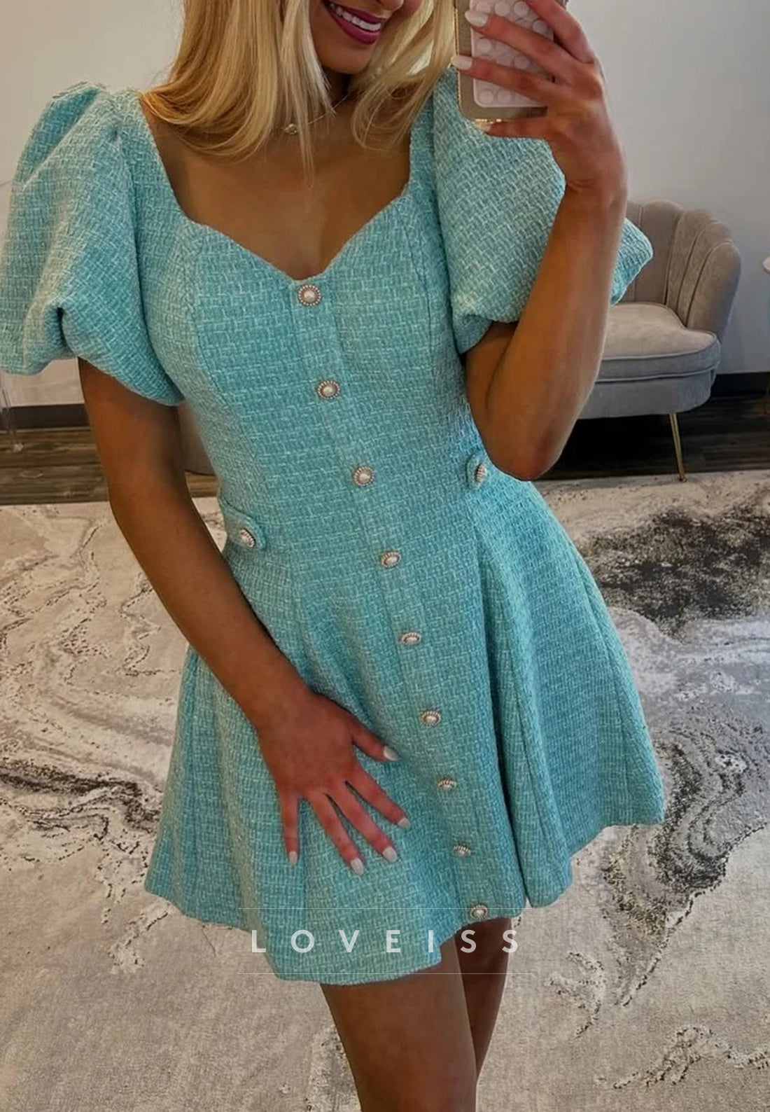 V-Neck Puff Sleeves Pleated A-Line Party Homecoming Dress