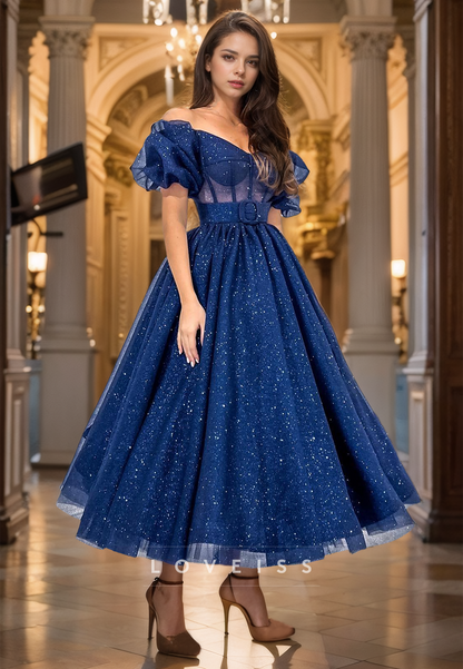 V-Neck Puff Sleeves Pleated A-Line Sparkly Prom Dress