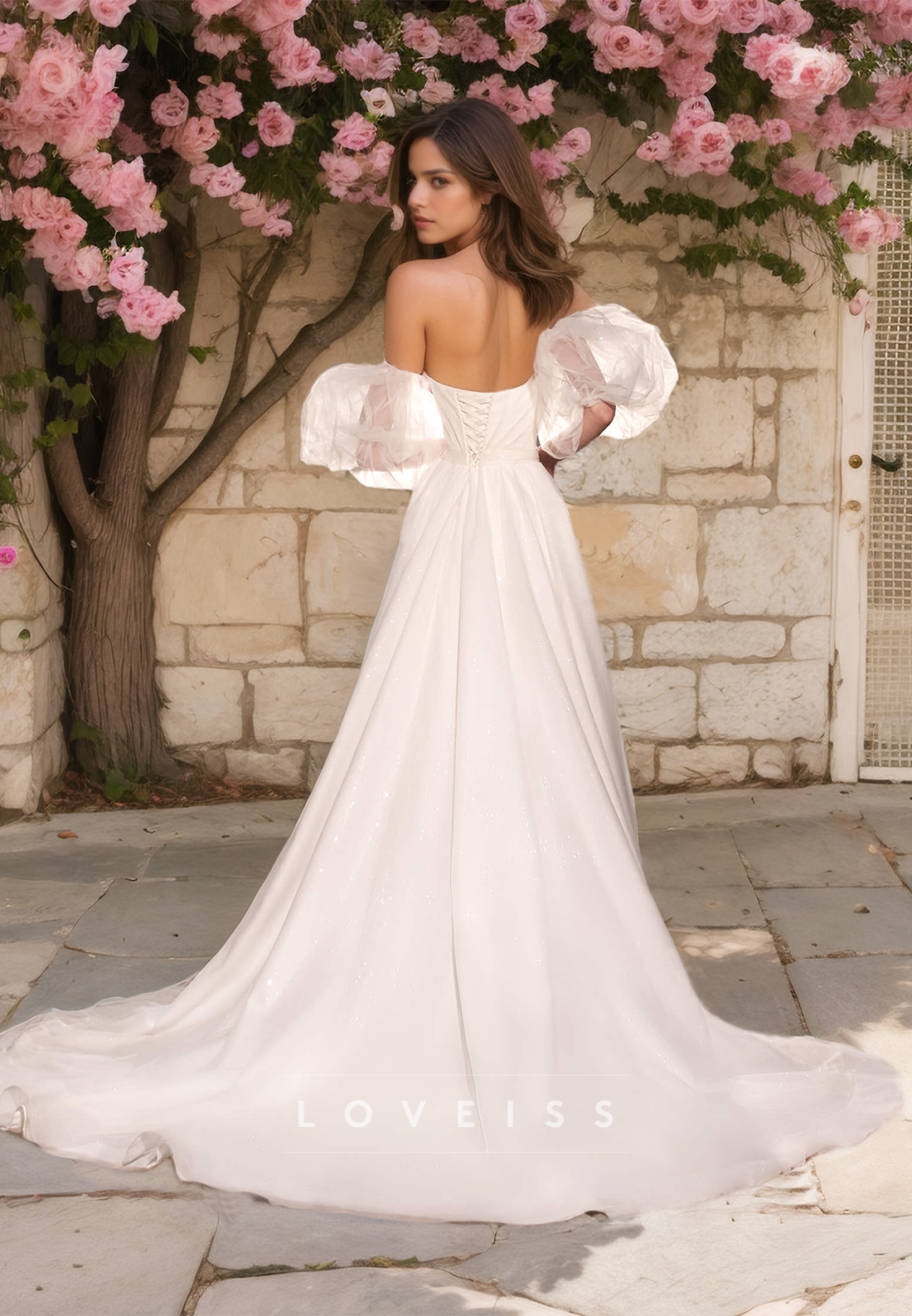 V-Neck Puff Sleeves Pleated Ruched A-Line Wedding Dress