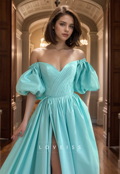 V-Neck Puff Sleeves Pleated Satin A-Line Prom Dress