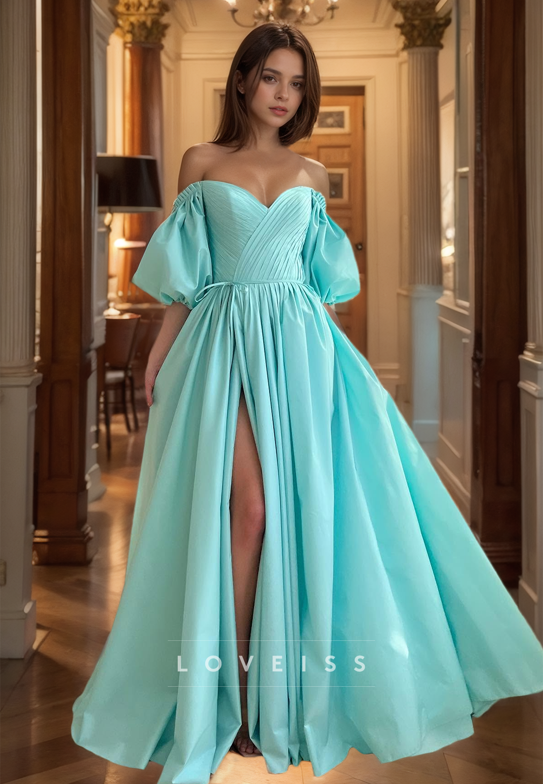 V-Neck Puff Sleeves Pleated Satin A-Line Prom Dress