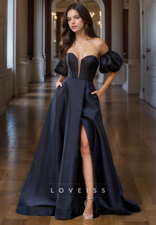 V-Neck Puff Sleeves Pleated Satin A-Line Prom Dress