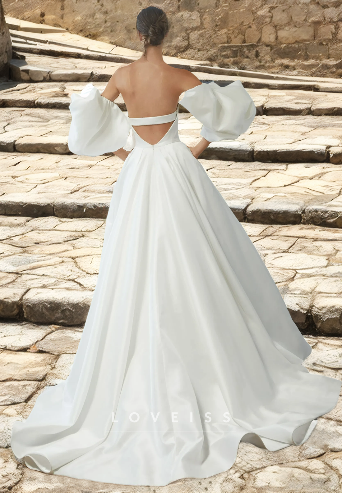 V-Neck Puff Sleeves Pleated Sleek Satin A-Line Wedding Dress