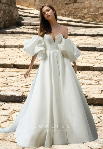 V-Neck Puff Sleeves Pleated Sleek Satin A-Line Wedding Dress