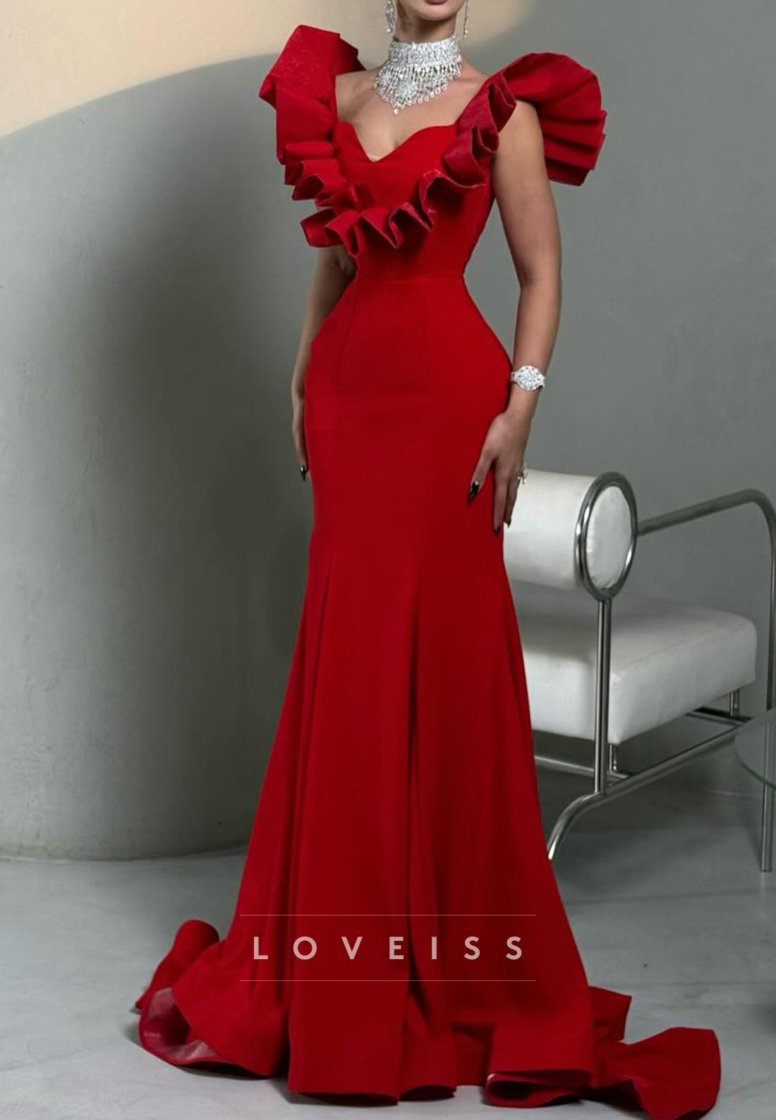 V-Neck Ruffles Sleeveless Mermaid Formal Dress