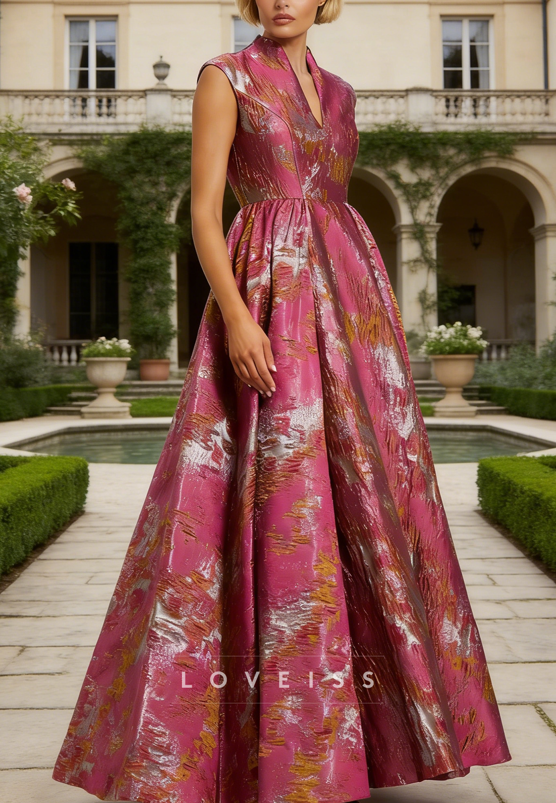 V-Neck Satin Mother of  Bride Floral Printed A-Line Evening Dress