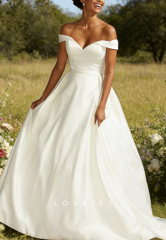V-Neck Satin Sleeveless A-Line Simple Wedding Dress