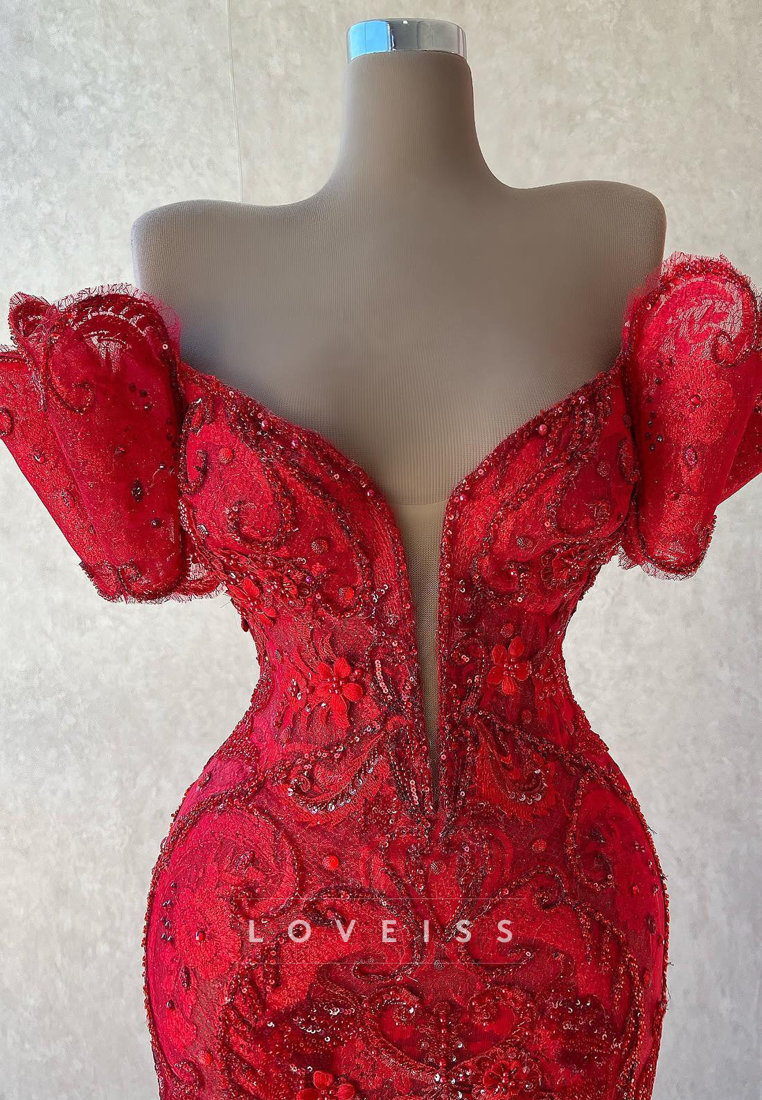 V-Neck Sequins Appliques Cap Sleeves Mermaid Prom Dress