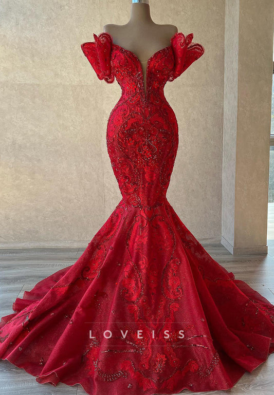 V-Neck Sequins Appliques Cap Sleeves Mermaid Prom Dress