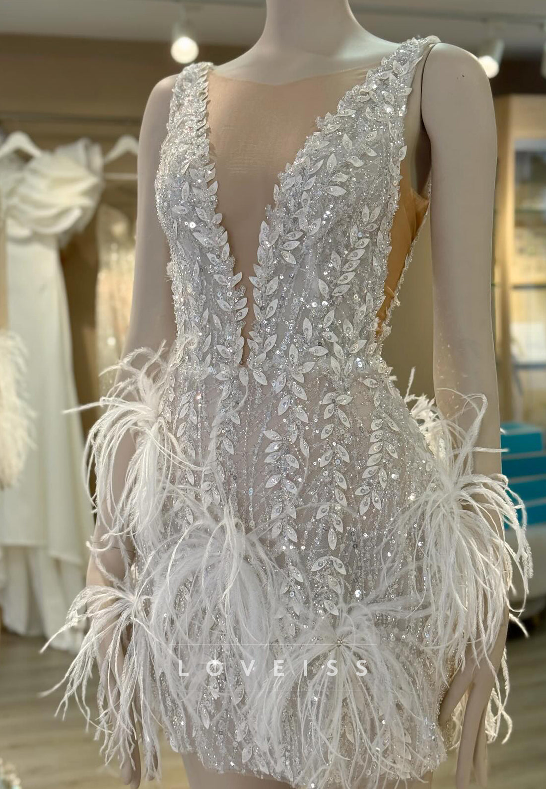 V-Neck Sequins Appliques Feathered Sheath Wedding Dress