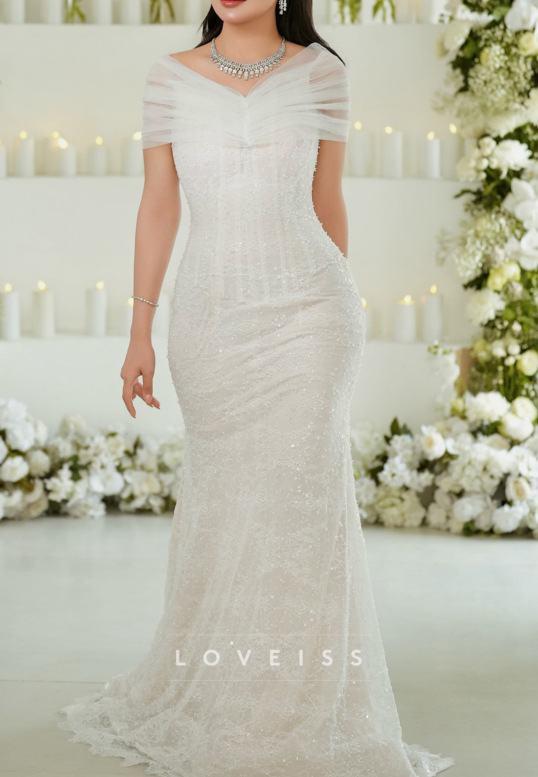 V-Neck Sequins Appliques Sleeveless Memaid Wedding Dress