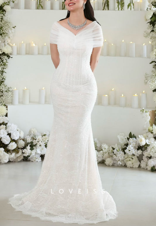 V-Neck Sequins Appliques Sleeveless Memaid Wedding Dress