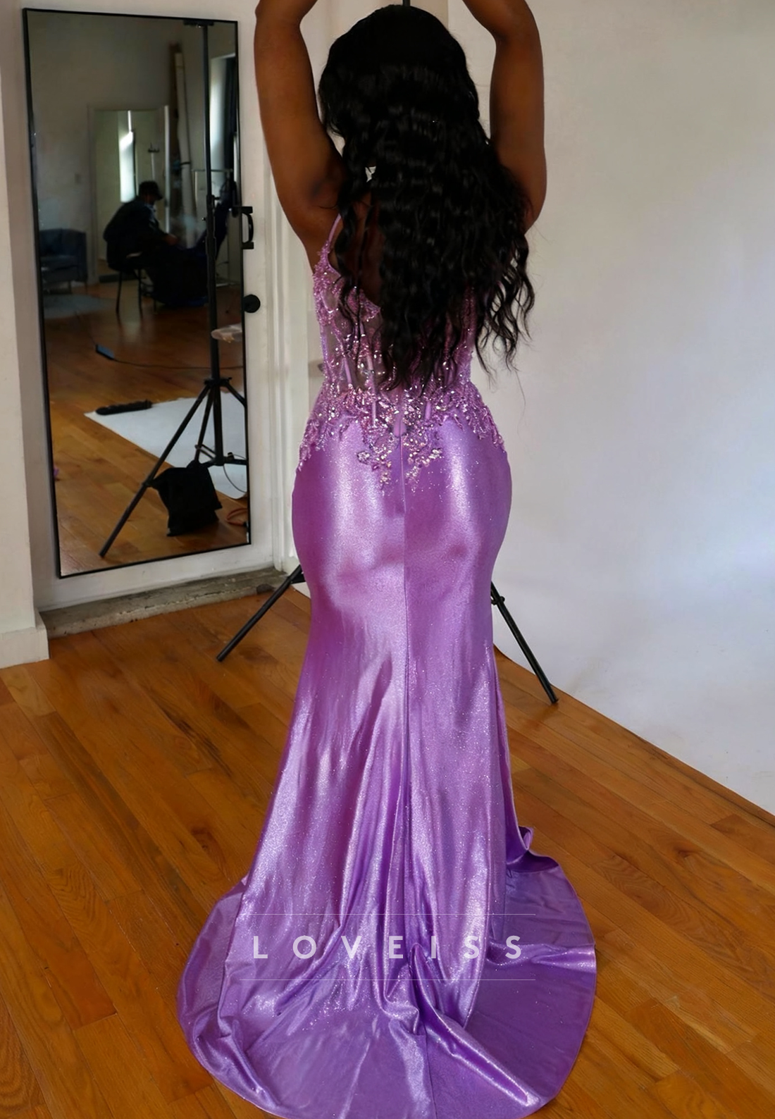 V-Neck Sequins Appliques Spaghetti Straps Sparkly Prom Dress