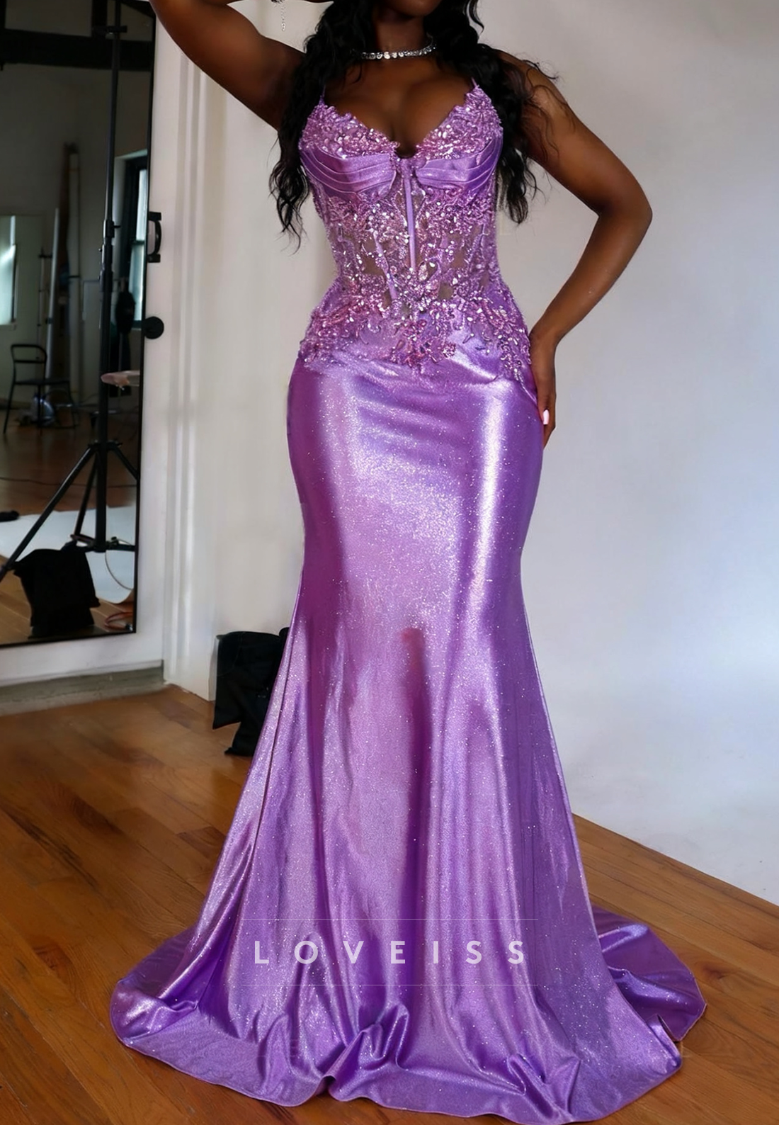 V-Neck Sequins Appliques Spaghetti Straps Sparkly Prom Dress