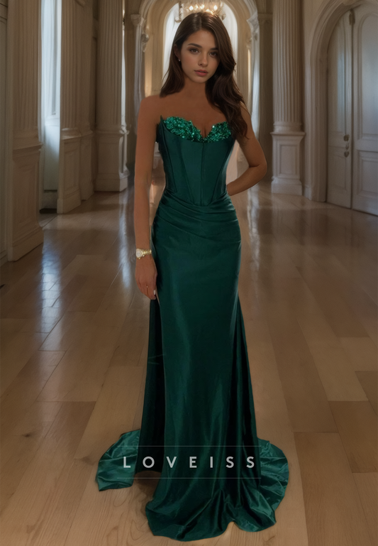 V-Neck Sequins Sleeveless Ruched Sleek Mermaid Prom Dress