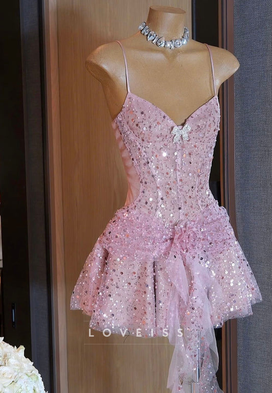 V-Neck Sequins Spaghetti Straps A-Line Party Homecoming Dress
