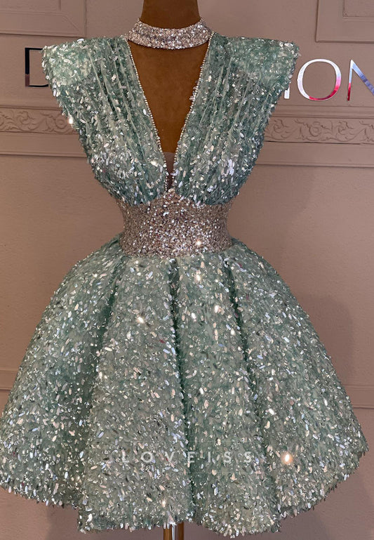V-Neck Sequins Sparkly Pleated A-Line Party Homecoming Dress