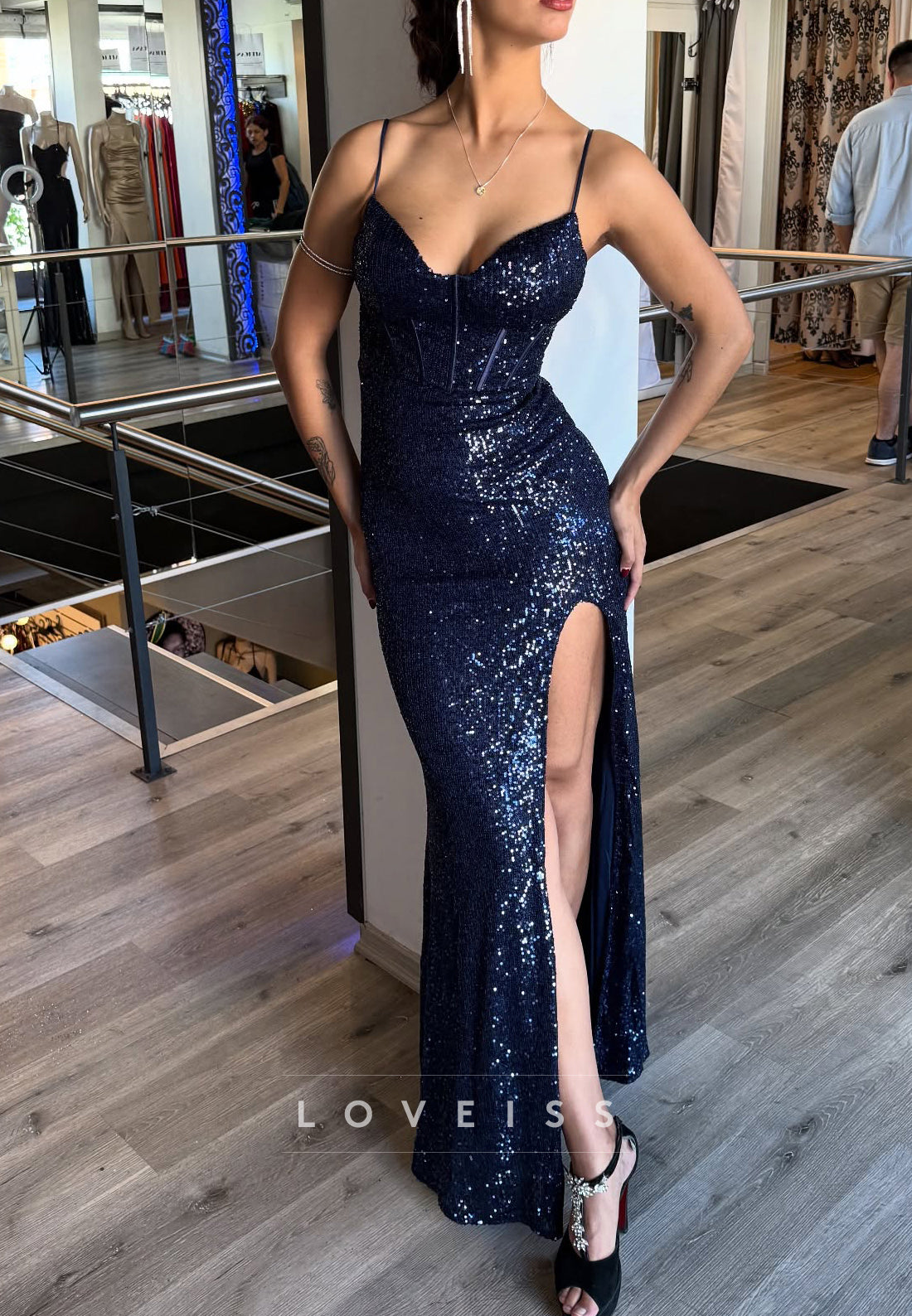 V-Neck Sequins Straps Sparkly Side Slit Mermaid Prom Dress