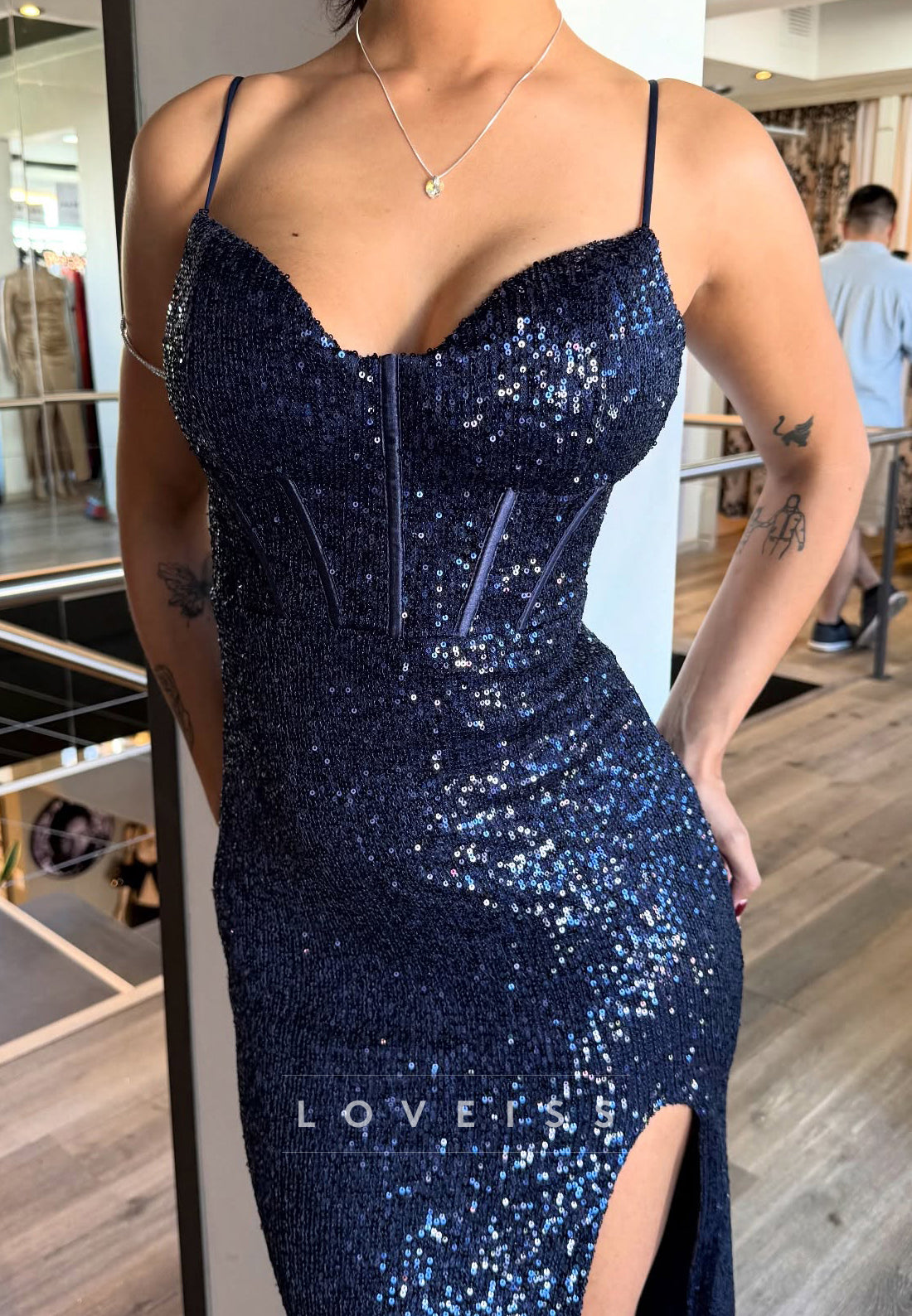 V-Neck Sequins Straps Sparkly Side Slit Mermaid Prom Dress