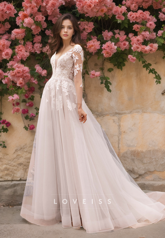 V-Neck Sheer Long Sleeves Lace Appliques Tulle A-Line Wedding Dress