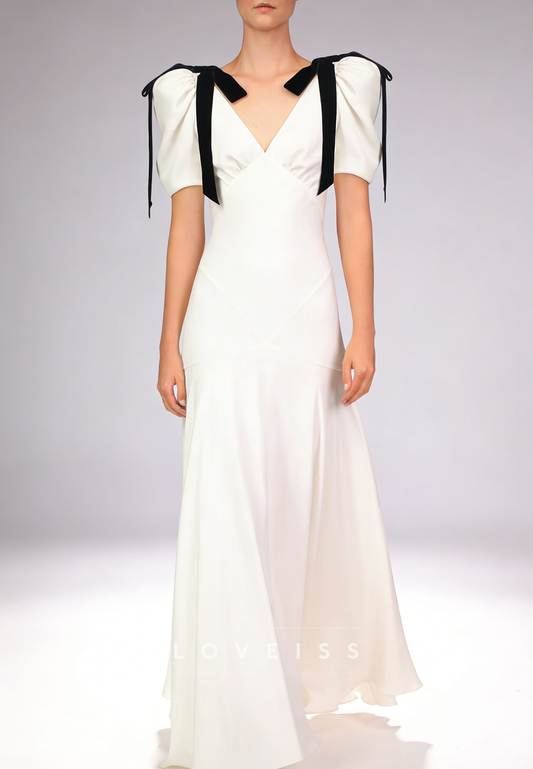 V-Neck Short Sleeves A-Line Wedding Dress