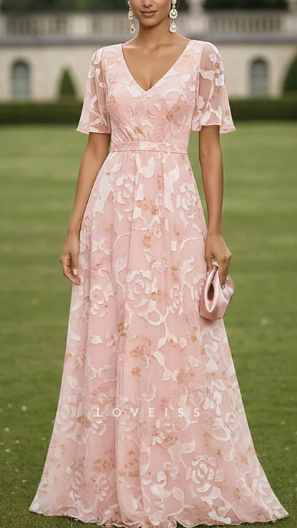 V-Neck Short Sleeves Appliques A-Line Mother of Bride Dress