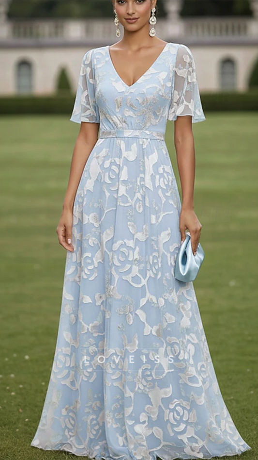 V-Neck Short Sleeves Appliques A-Line Mother of Bride Dress