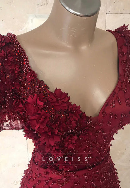 V-Neck Short Sleeves Appliques Beaded Embroidery Mermaid Evening Dress